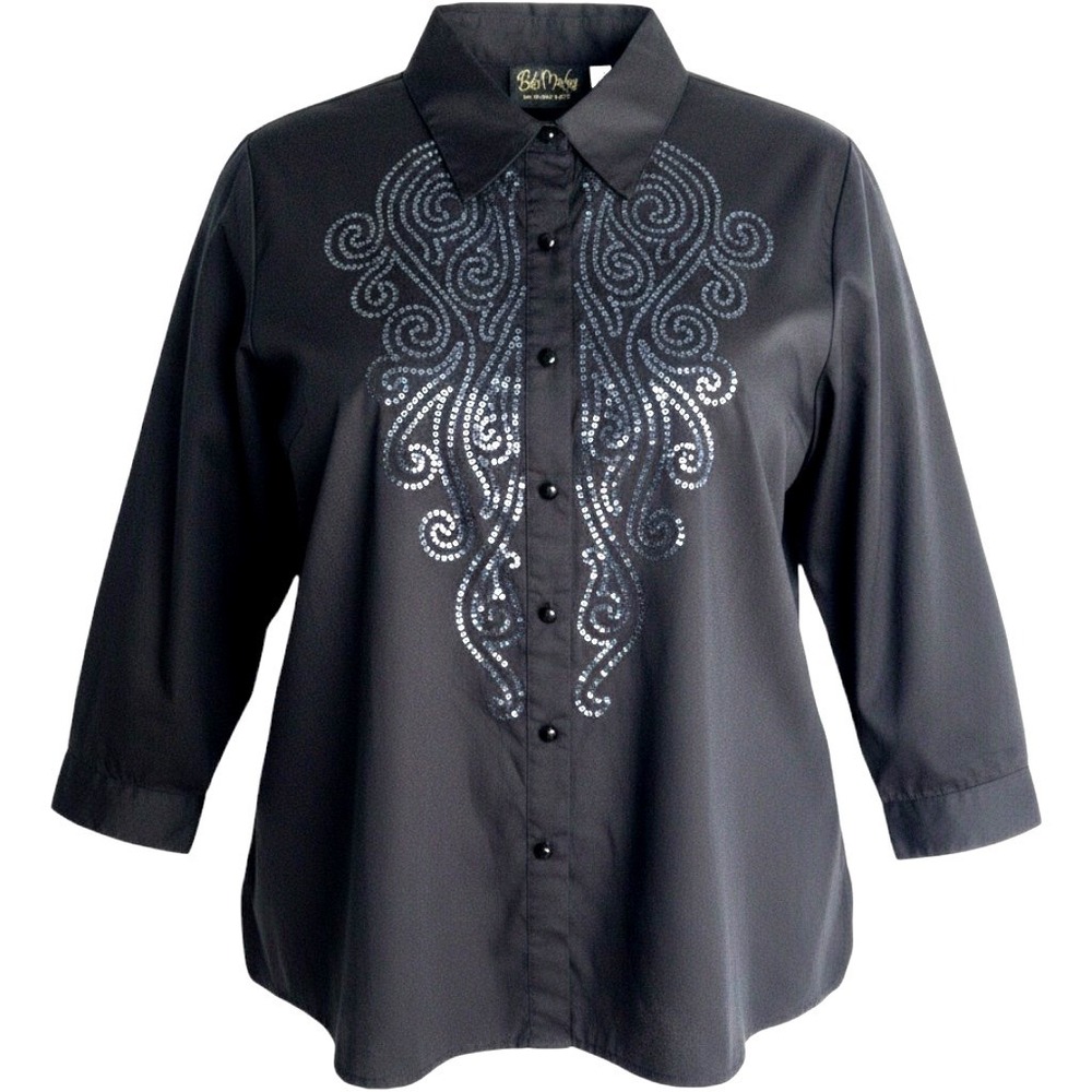 Bob Mackie Wearable Art Sequin Front Blouse Womens 1X Black Button Up Tunic Top